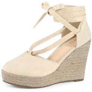 Platform Espadrille Heel Sandal Lace Up Closed Toe Summer Wedge Sandals Beige